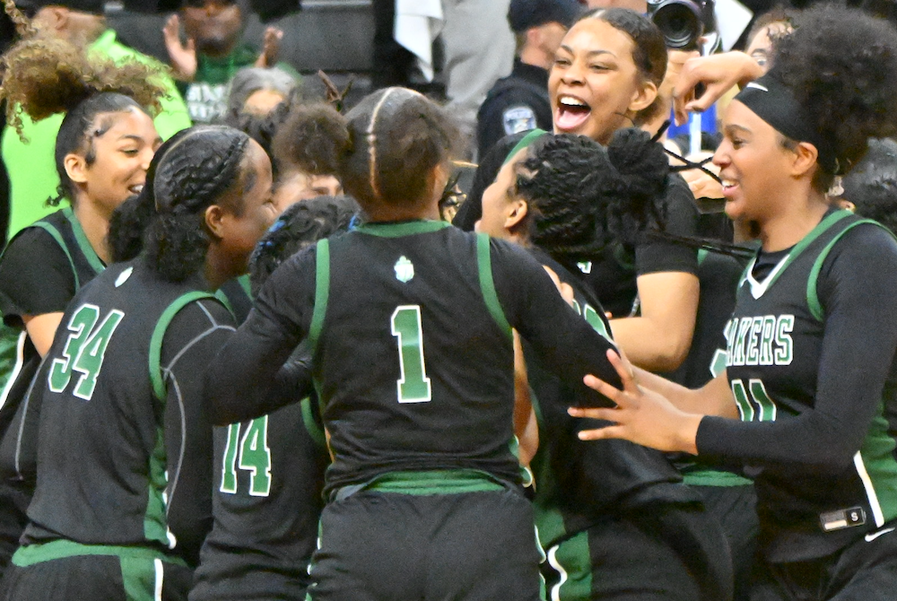 West Bloomfield players celebrate their Division 1 championship Saturday at Breslin Center.